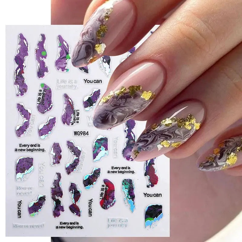 Nail art decals sheet with colorful purple marbled geometric designs and gold foil accents, 1 sheet