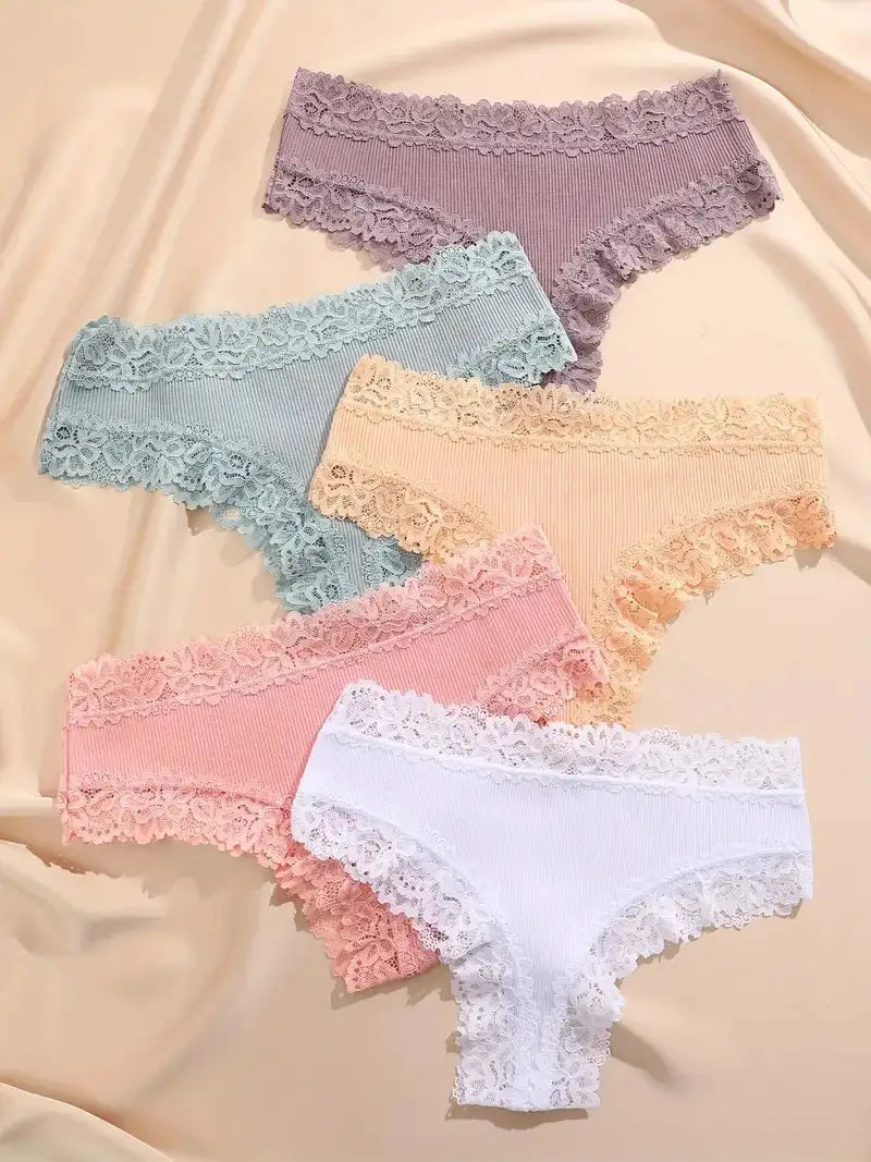 5-piece set of women’s cotton panties with floral lace trim in lavender, sky blue, peach, pink, and white