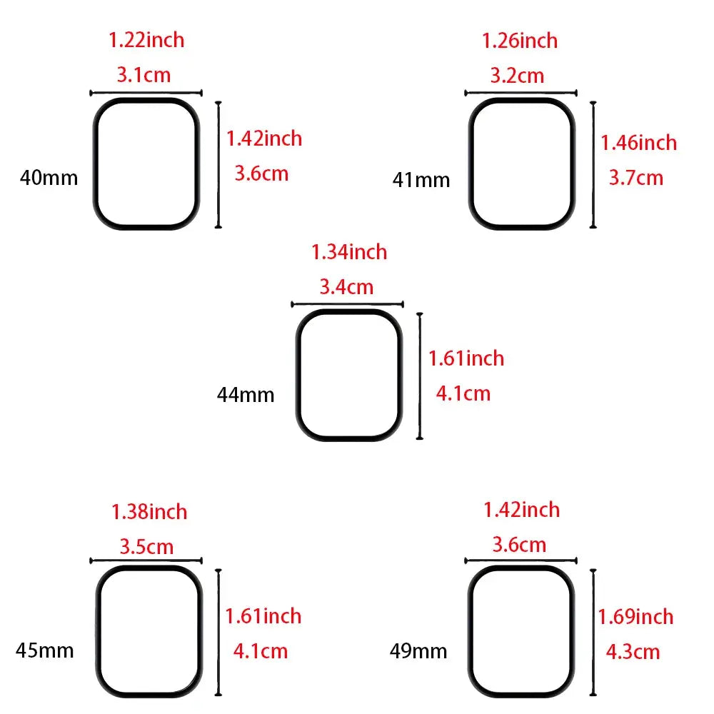 Simples Market screen protectors for Apple Watch, 5-piece set in 40mm, 41mm, 44mm, 45mm and 49mm; 3D film not tempered glass.