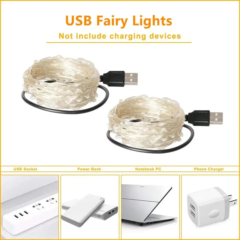 USB LED Fairy Lights Copper Wire String 20m 200 LEDs Outdoor Garland For Christmas Tree Wedding Party Decoration