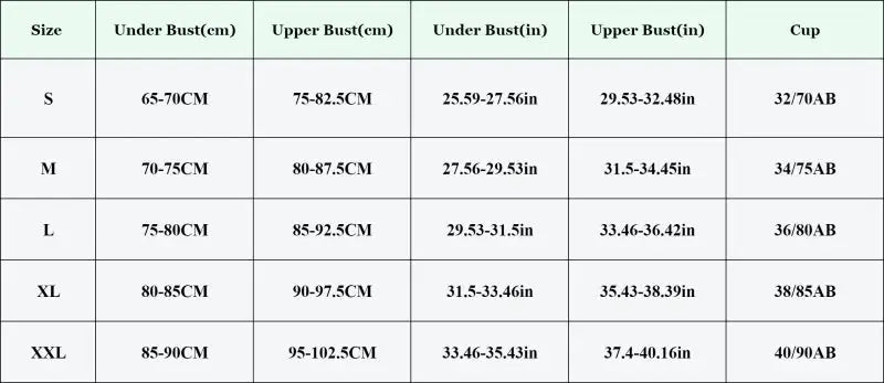 3Pcs Seamless Bras by Simples Market size chart showing S–XXL with under bust and upper bust ranges in cm and inches and cup sizes.