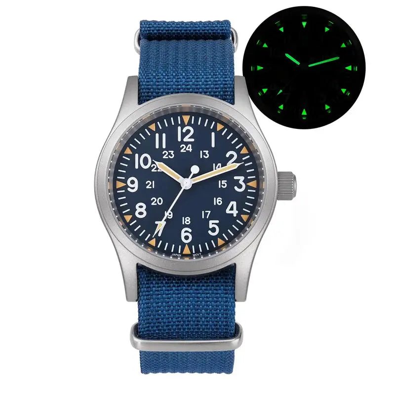 Militado ML05 vintage watch by Simples Market; 38mm stainless case, blue strap, domed sapphire crystal, luminous dial.