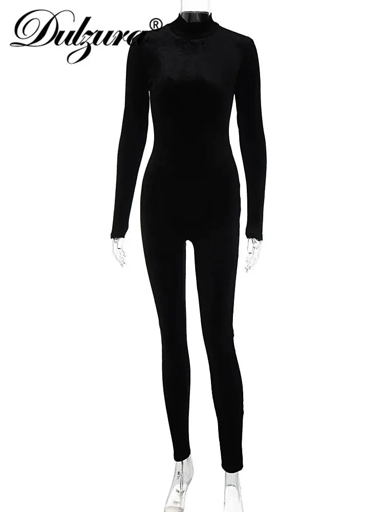 Dulzura velvet long-sleeve jumpsuit, black bodycon one-piece with high neck