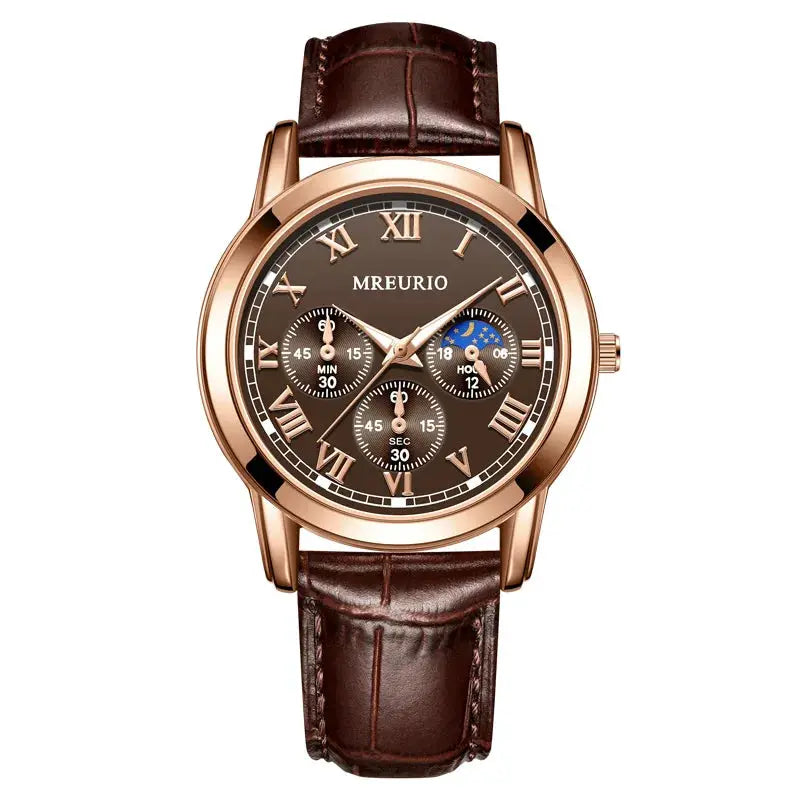 NovaLux Moon Phase Chronograph Leather Mens Watch With Luminous Hands And Complete Calendar