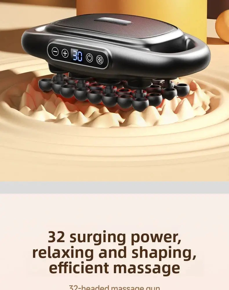 32-head wireless black massage gun by Simples Market with digital display for deep-tissue relief