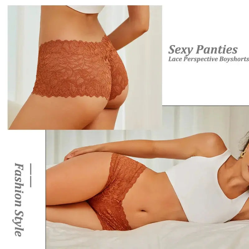 4PCS Simples Market women's rust floral lace panties, V-waist, breathable lingerie