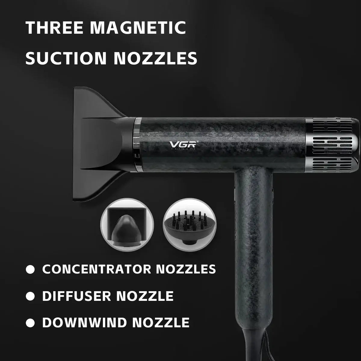 VGR hair dryer with three magnetic nozzles (concentrator, diffuser, downwind) in black marble finish.