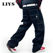 Liys retro black denim work jeans for men with white contrast stitching and cargo pockets