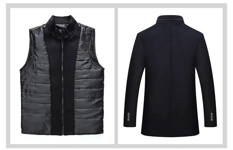 Men's outerwear: two black pieces, quilted puffer vest and wool trench coat (back view) by Simples Market