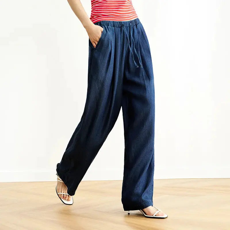 Semir Elastic Waist Denim Pants Women Draped Fit Wide Leg Trousers