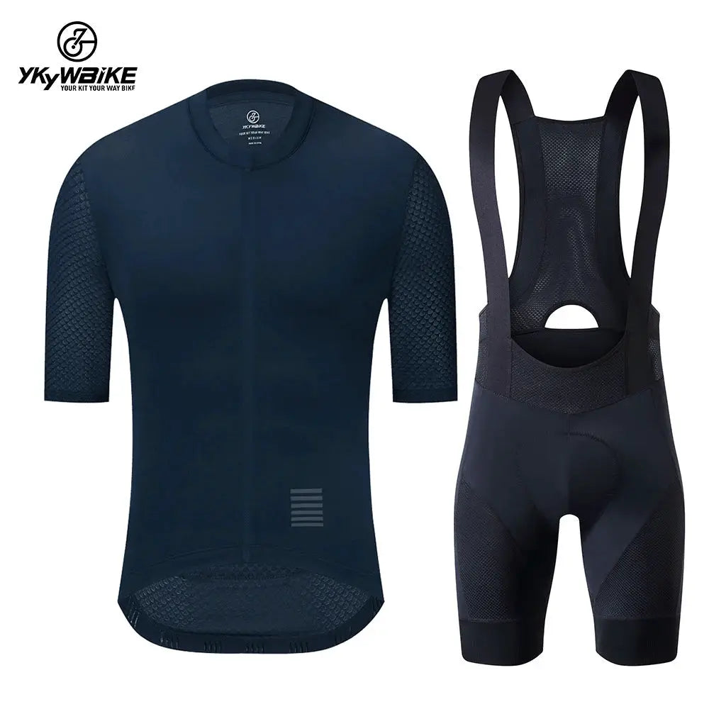 YKYWBIKE cycling jersey set, 2-piece navy MTB jersey and bib shorts with mesh back and reflective accents