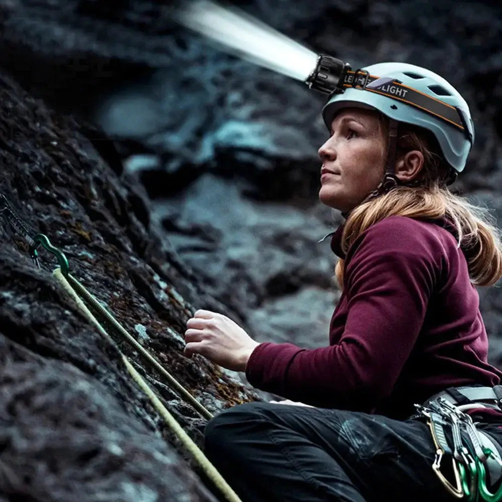 Simples Market LED headlamp worn on a climber's helmet; IPX4 waterproof, 250LM.