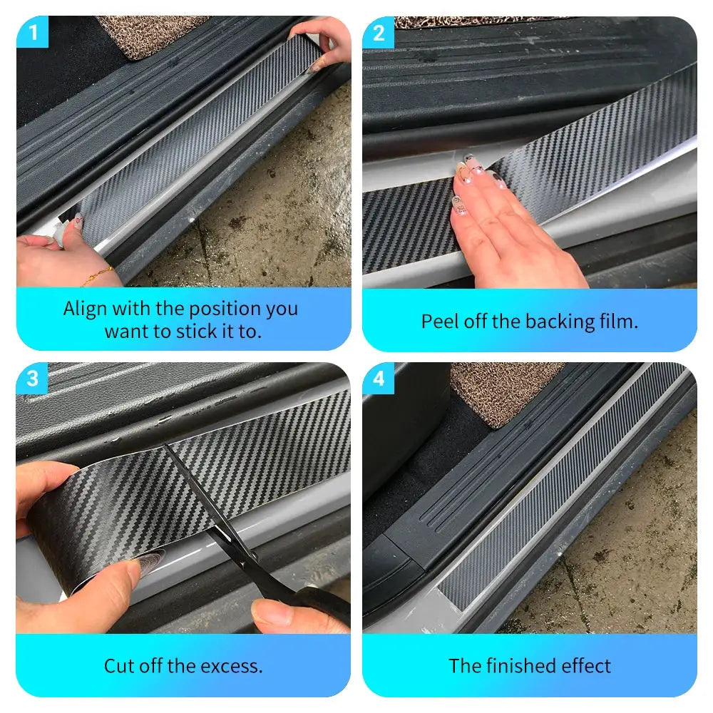 3D carbon fiber car wrap vinyl sheet by Simples Market, glossy black; installation steps shown.