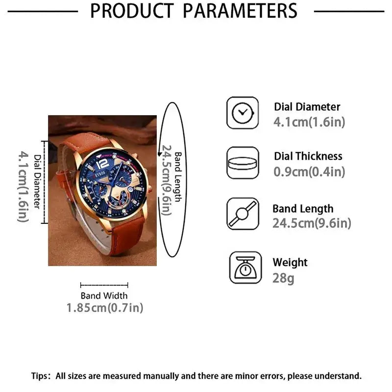 Two Piece Set Fashion Mens Calendar Watches Luxury Business Casual Brown Leather Strap Quartz Wristwatch