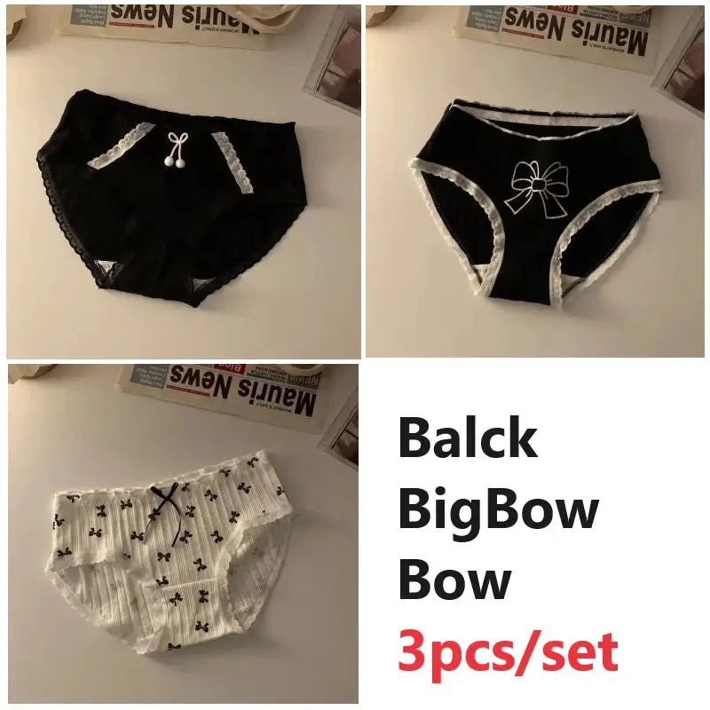 3-piece women's cotton seamless panties set: black lace-trimmed, black bow-trimmed, and white striped with bows
