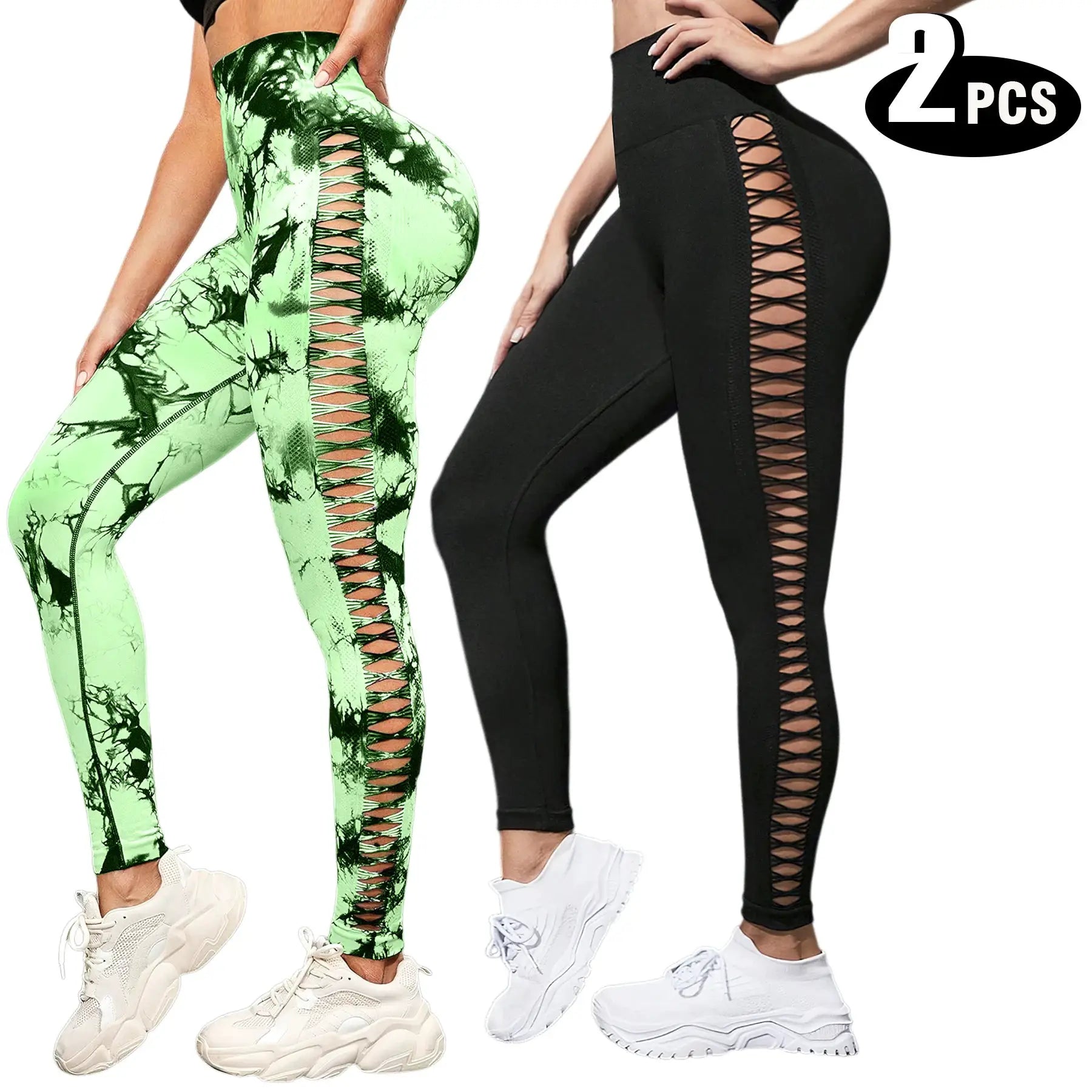2-pack women's high-waisted leggings with lattice side panels in green tie-dye and black by Simples Market