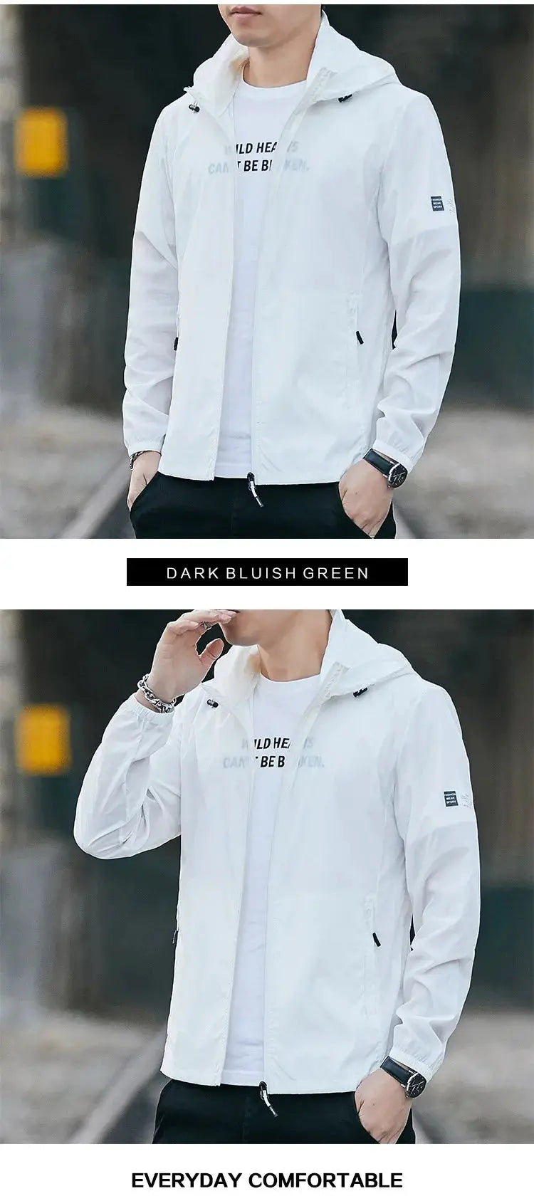 Simples Market white sun-protective lightweight hooded windbreaker jacket, breathable men's outerwear, two views