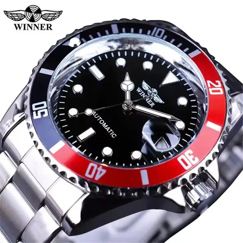 Winner 002 Automatic Mechanical Wristwatch Luminous Hands And Date Display Stainless Steel And Leather Strap For Men
