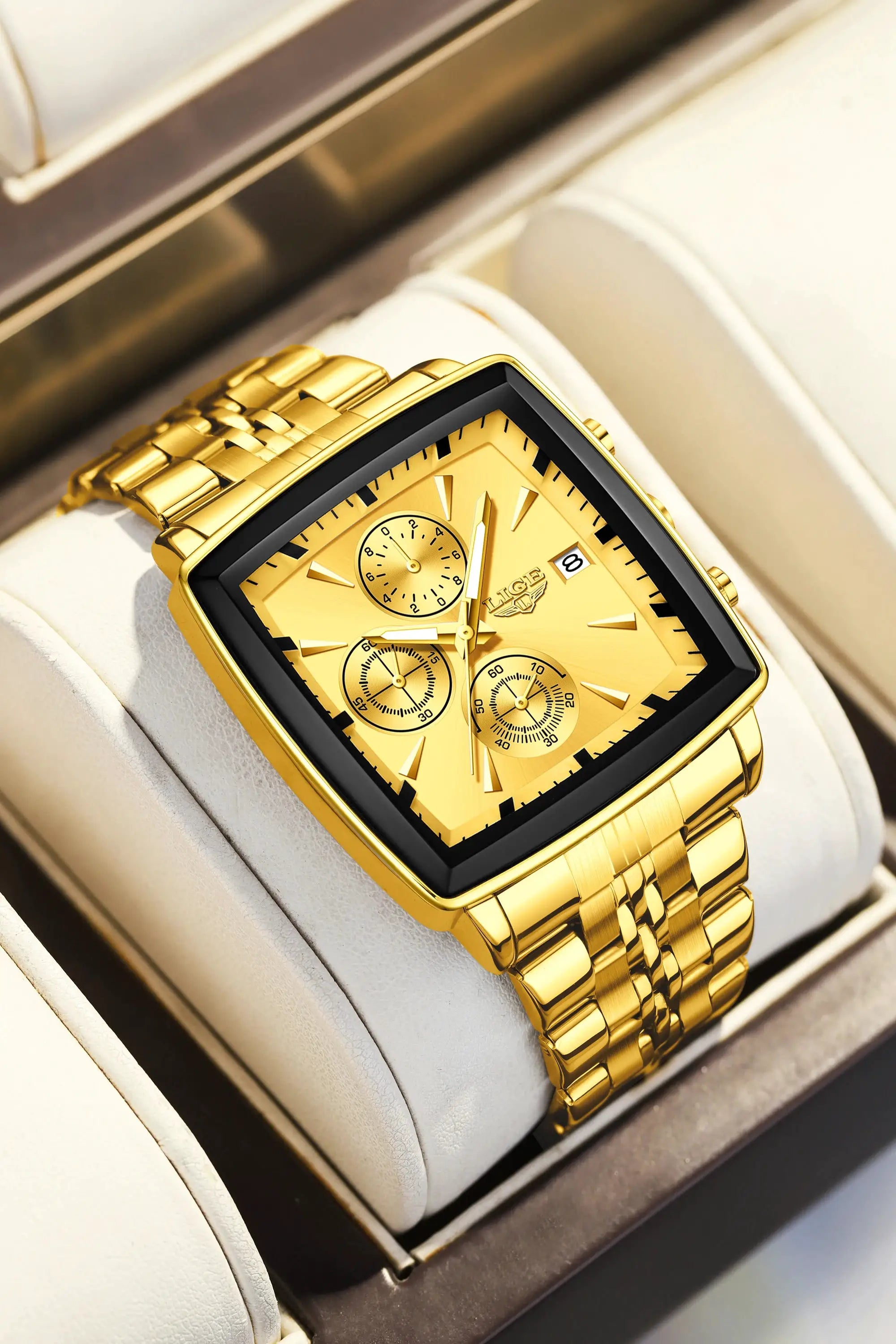 LIGE men's gold-tone square-dial stainless steel watch with chronograph, luminous hands, date window, boxed