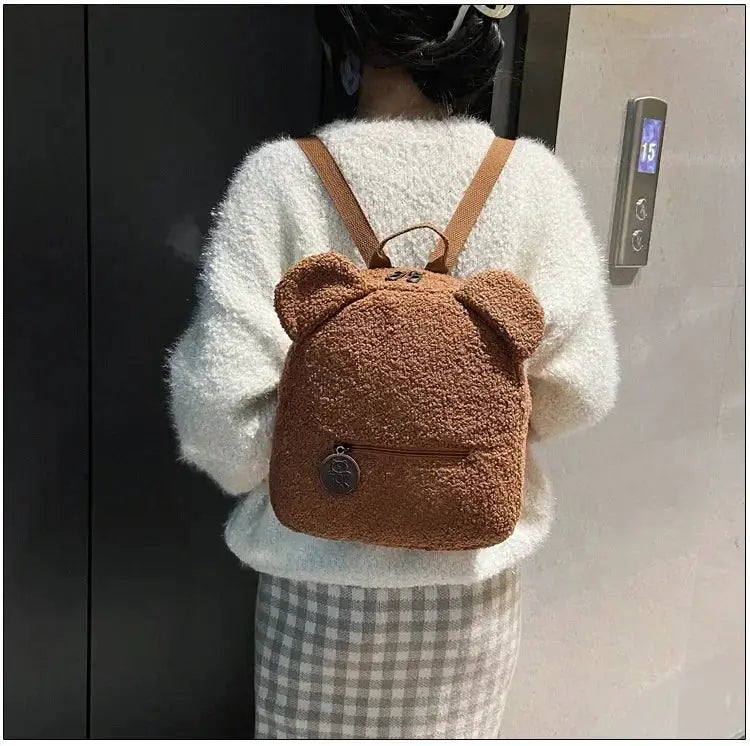 Bear-ear fleece small backpack, brown plush, kids' daypack