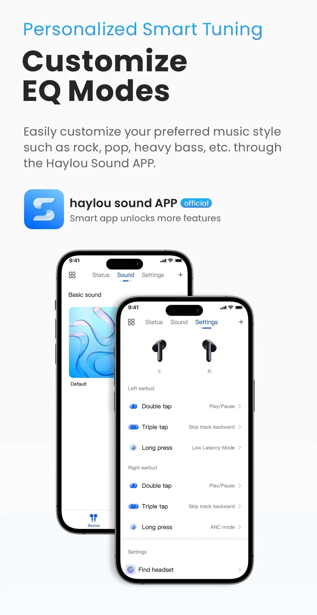 HAYLOU Mori Pro wireless earbuds with 43dB ANC and 6 mics, 35h battery; Haylou Sound app on iPhone