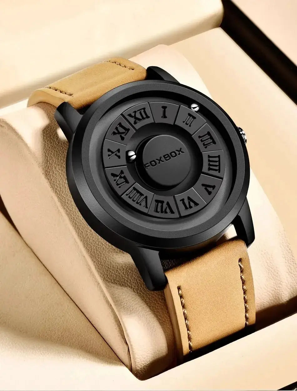 FOXBOX Watch by Simples Market; black circular case with Roman numeral dial and tan leather strap