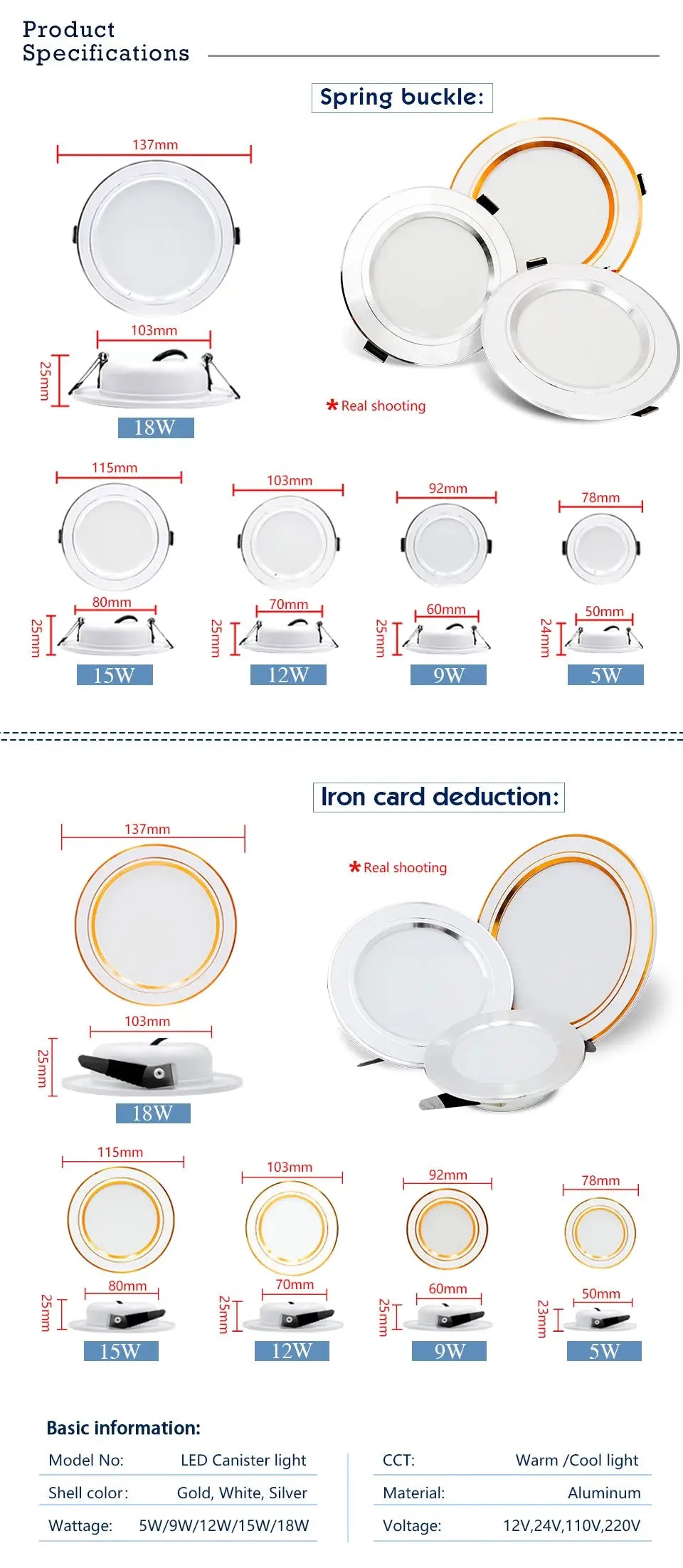 LED downlight recessed round ceiling lamp set by Simples Market, white/silver shell, 5W-18W
