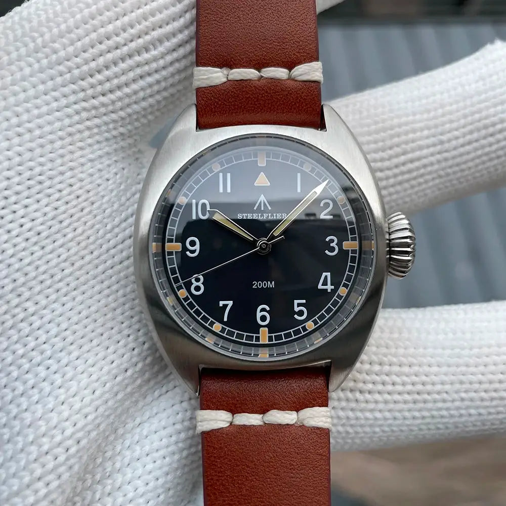 STEELFLIER SF745 wristwatch, unisex 36mm stainless steel case, brown leather strap, black dial with luminous hands