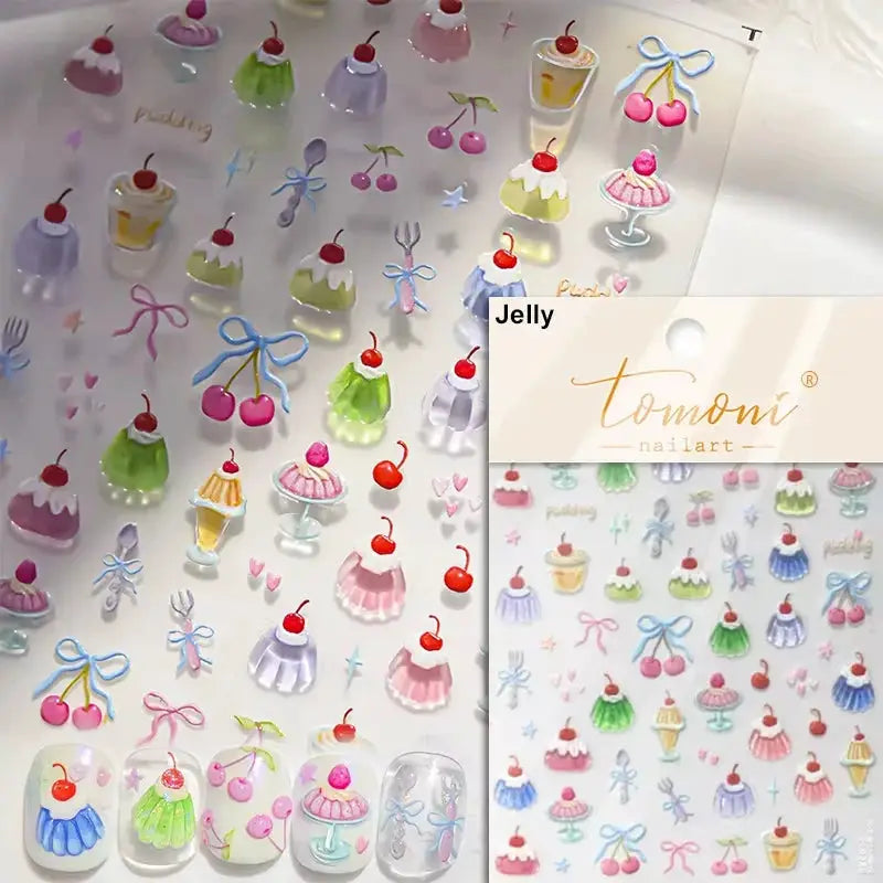 Nail art decals set by Tomoni nailart; pastel pink translucent 3D fruit desserts