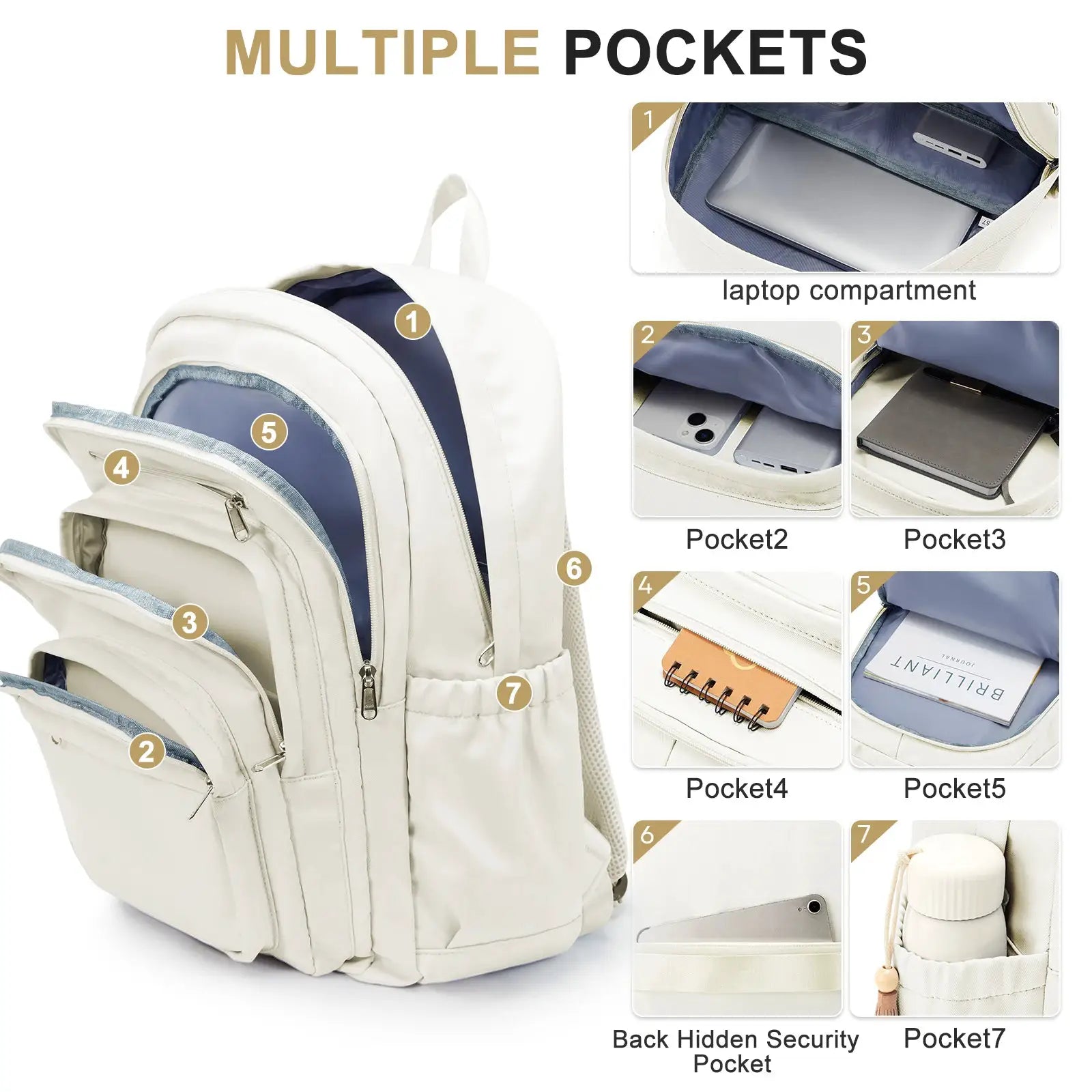 Backpack by Simples Market, cream color with multipocket design and laptop compartment
