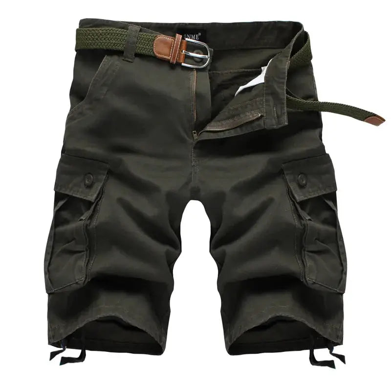 Men's cargo shorts army green with multiple pockets and a woven olive belt.