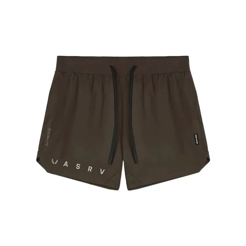 ASRV men's quick-dry basketball shorts in brown with black drawstrings and ASRV logo on leg