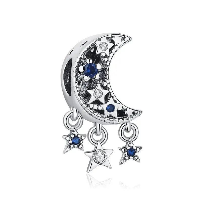 925 Sterling Silver Moon Charm with 3 dangling star pendants and zircon stones for DIY bracelets and necklaces