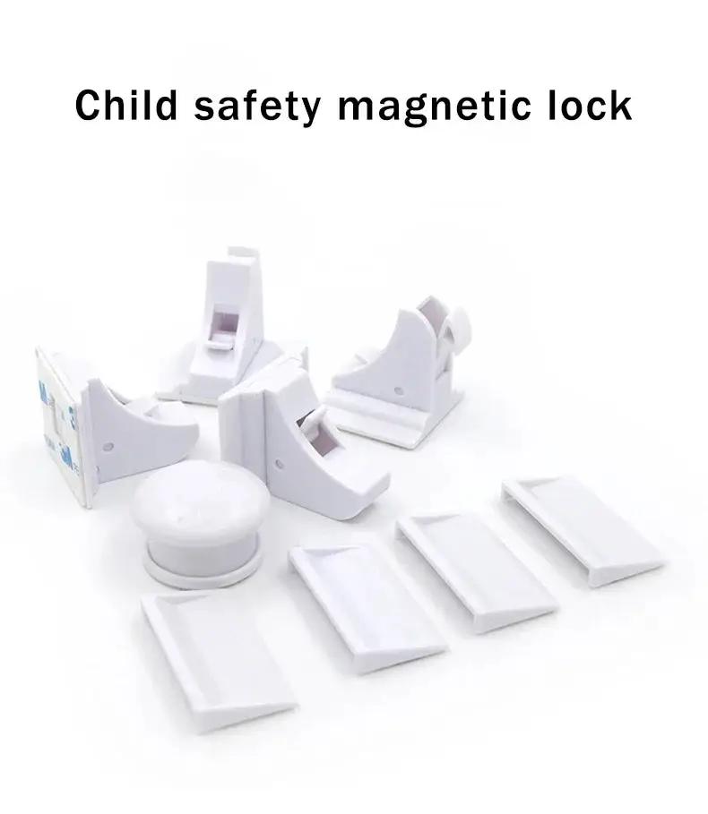 Magnetic baby safety lock set, white plastic multi-piece latch kit for drawers and cabinets