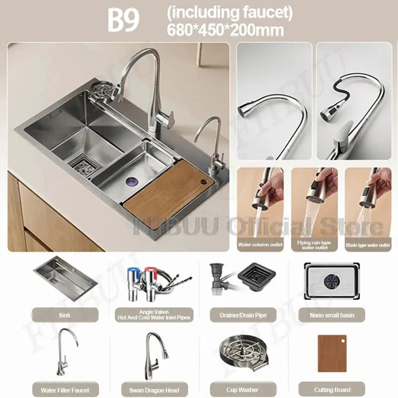 Simples Market 304 stainless steel kitchen sink with faucet; large single bowl, undercounter/topmount, 680x450x200mm