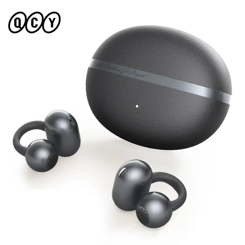 QCY Crossky C50 open-ear wireless earbuds pair with charging case in black