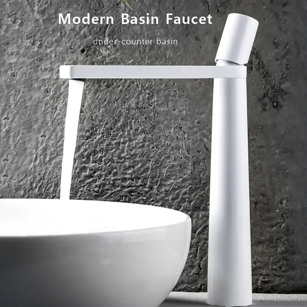 Modern white basin faucet with single-handle control; tall cylindrical body and horizontal arm for bathroom sink.