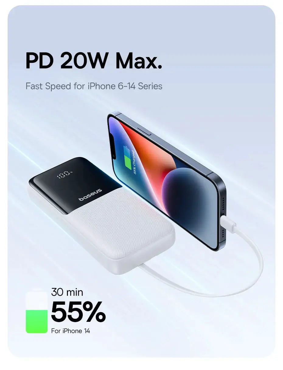 Baseus 20000mAh PD power bank, white, charging iPhone 14