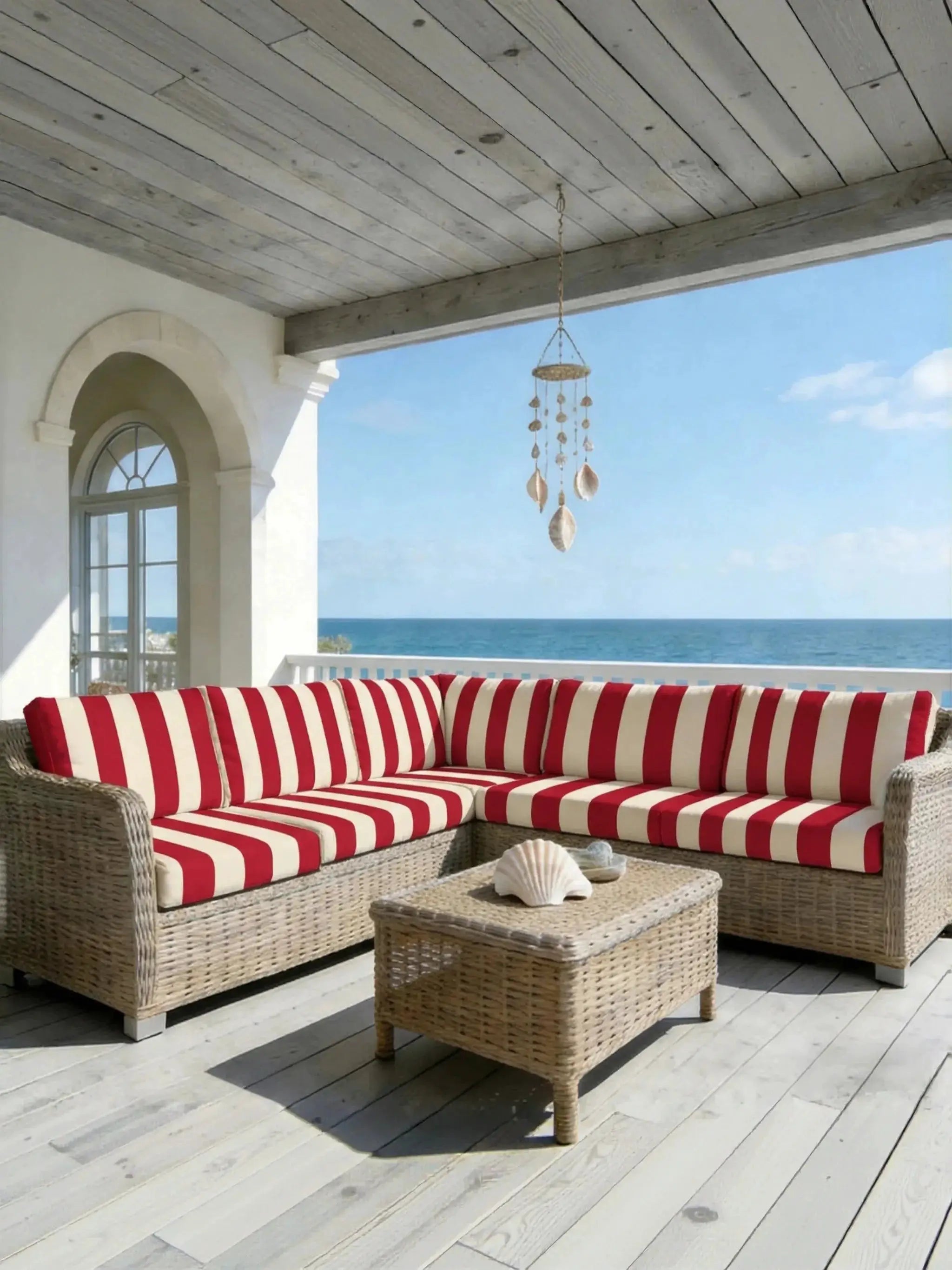 Outdoor printed sofa protective cover on a red-and-white striped wicker sectional