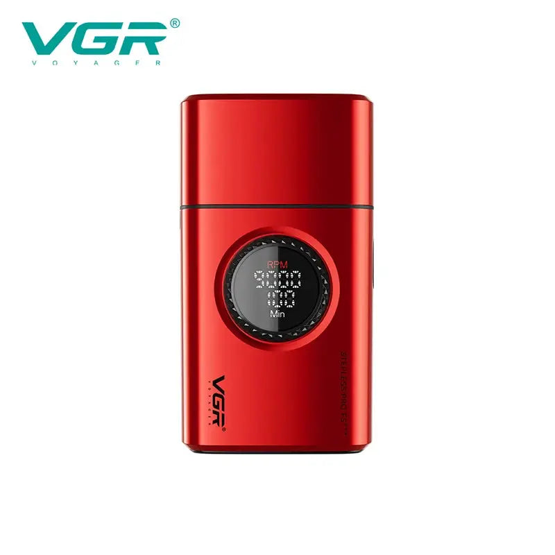 VGR V-378 men's shaver with red alloy body, three blades and LED digital display