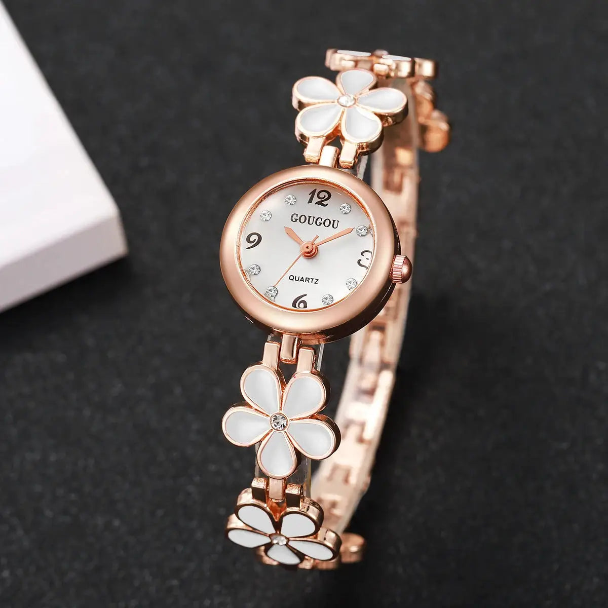 Fashion flower bracelet watch by GOUGOU, rose-gold tone with white dial and crystal markers