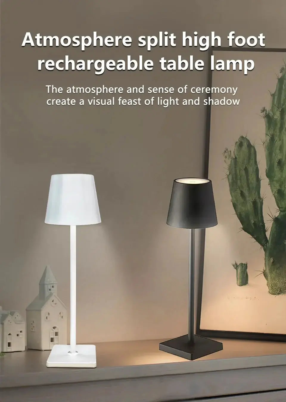 Two LED desk lamps, white and black, USB-rechargeable with touch control and 3 color temperatures