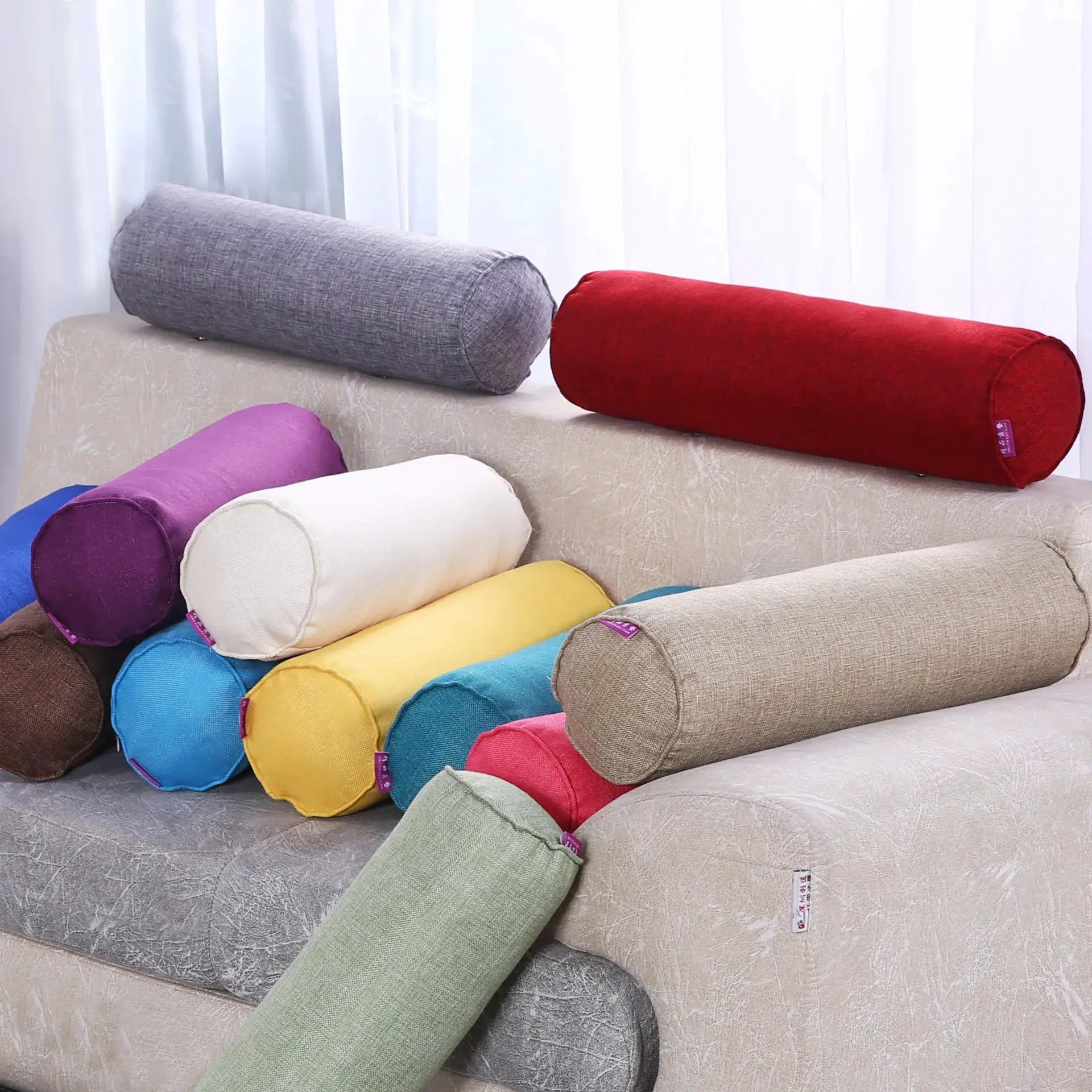 Simples Market cylindrical pillow cover; cotton-linen, gray, long neck bolster on sofa among assorted color covers
