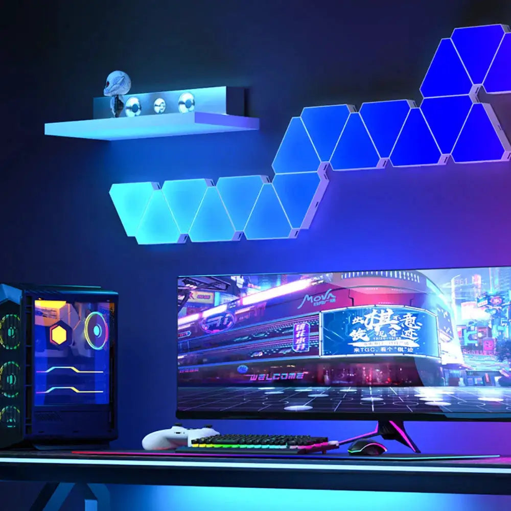 LED RGB wall lamp panels with hexagonal modular design, blue ambient lighting for bedroom or office decor