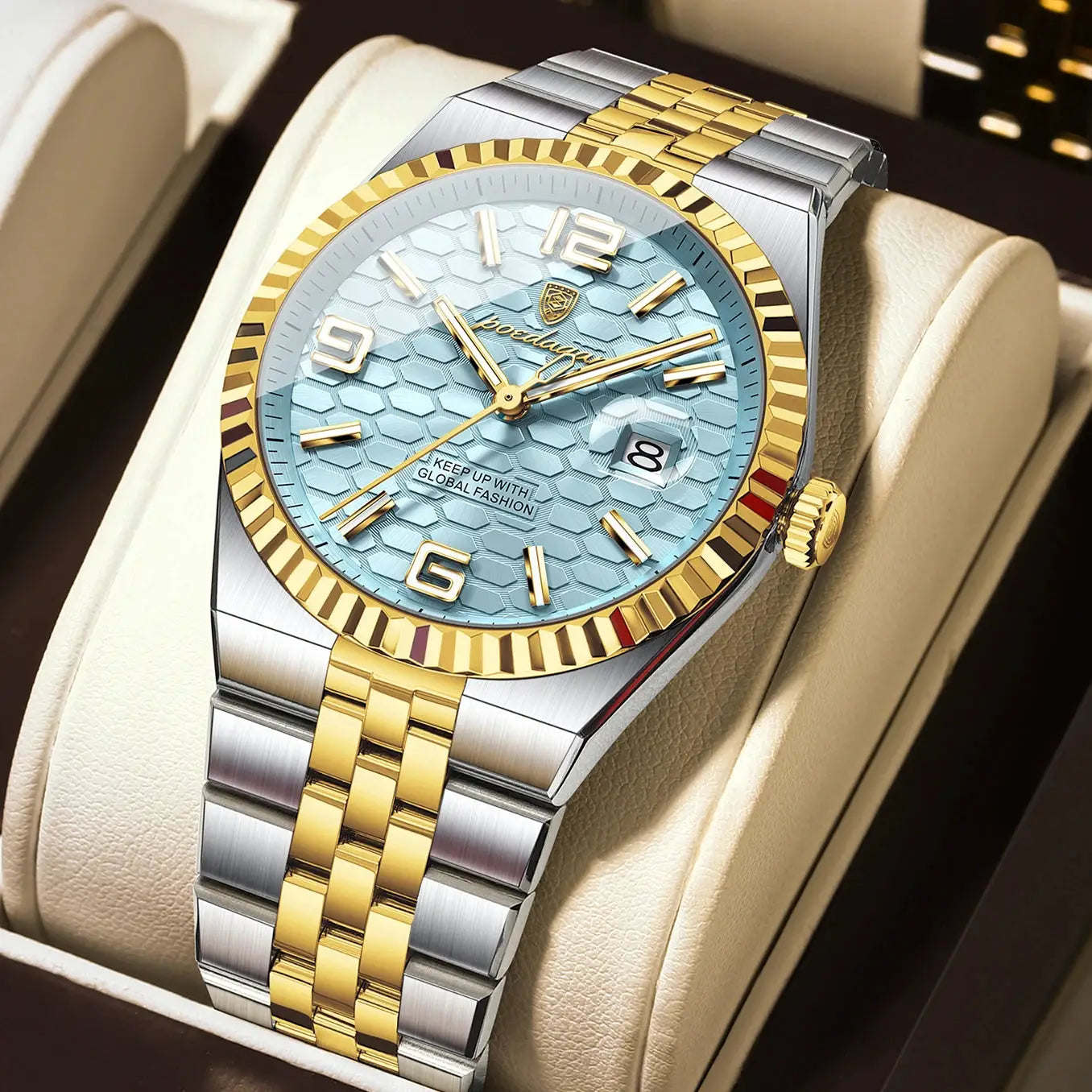 POEDAGAR men's stainless steel watch with gold two-tone bezel, blue honeycomb dial, date window, boxed