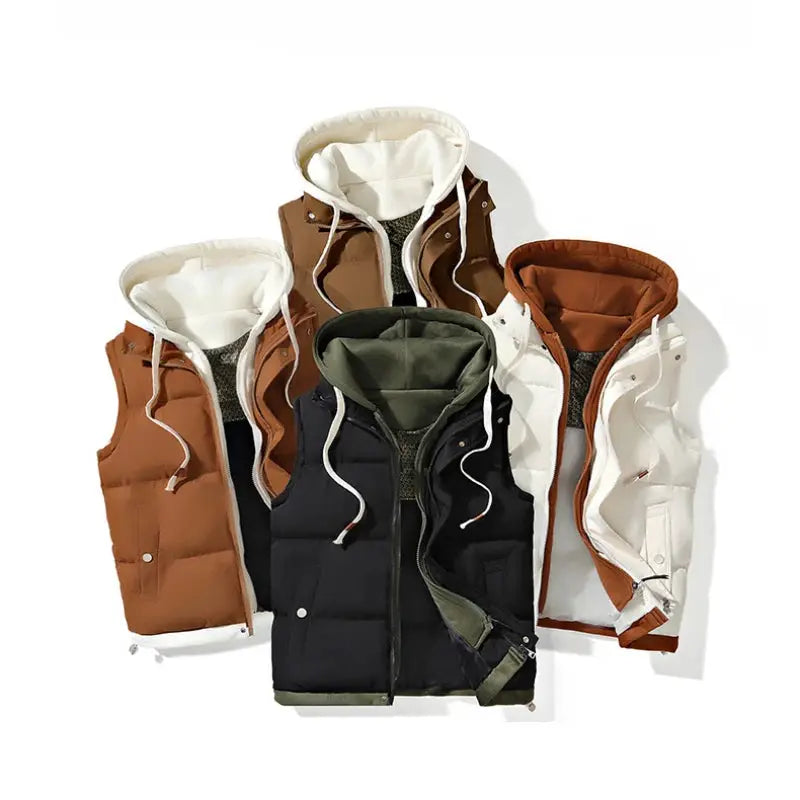 Five men's hooded cotton puffer vests in brown, white, black and olive, sleeveless windproof jackets