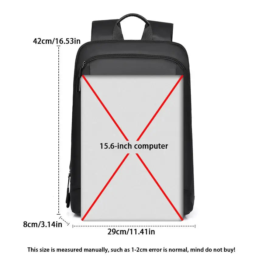 Ultra-lightweight laptop backpack with dimensions shown, designed to fit a 15.6-inch computer.