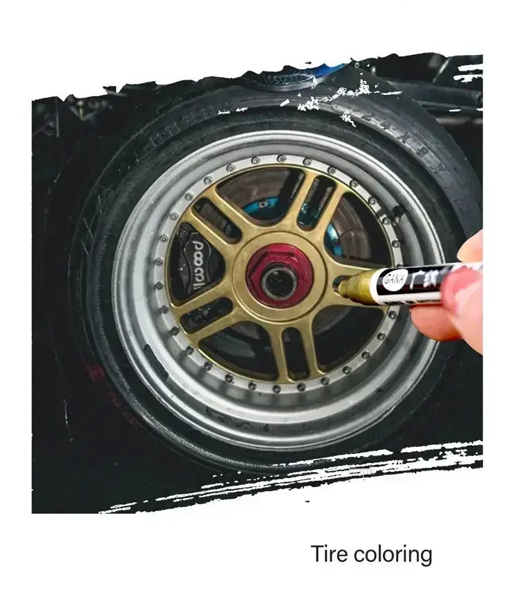 Simples Market oil-based paint marker, white and black, 0.7mm, extra-fine, waterproof, shown on a wheel