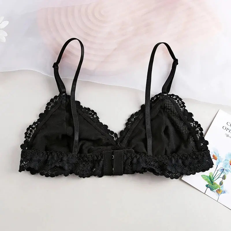 Black lace bralette with adjustable straps and floral scalloped trim