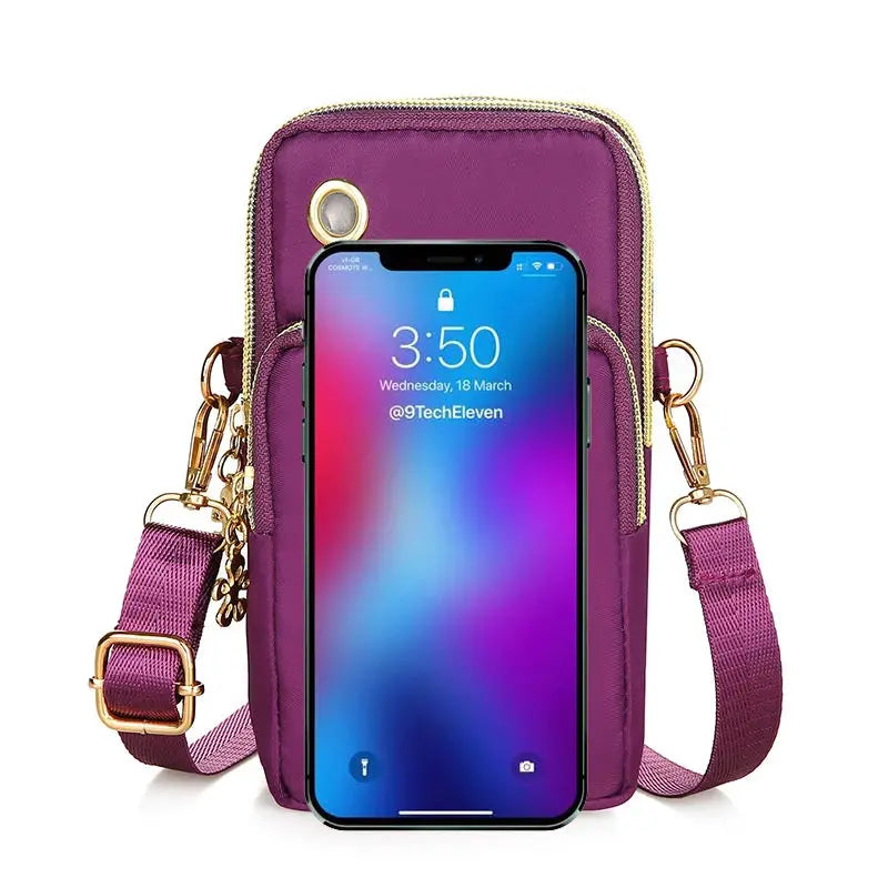 Mobile phone bag, women's purple crossbody mini bag with gold hardware and adjustable strap